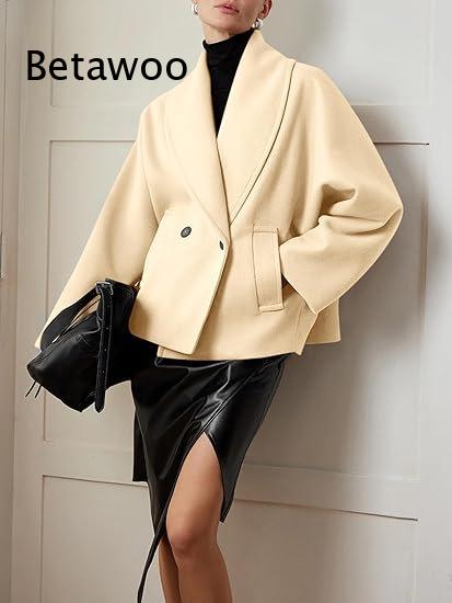 Wool Blend Coat - Kadınlar için Kruvaze Yaka Detaylı, Bol