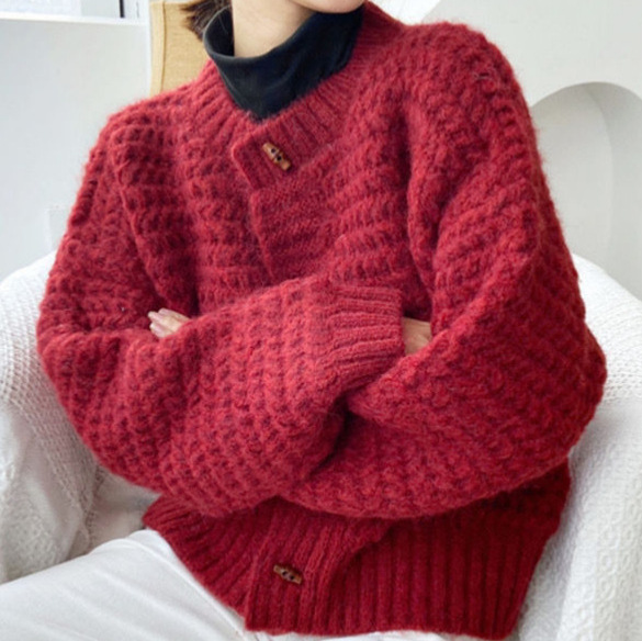 Wool Blend Coat - Kadın Kalın Örgü Hırkası, Dokulu Petek