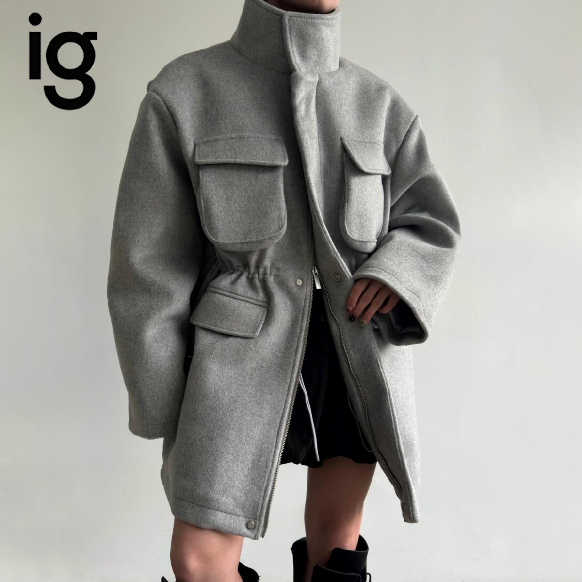 Wool Blend Coat - IG Kadın Yüksek Yaka Beli Bağcıklı